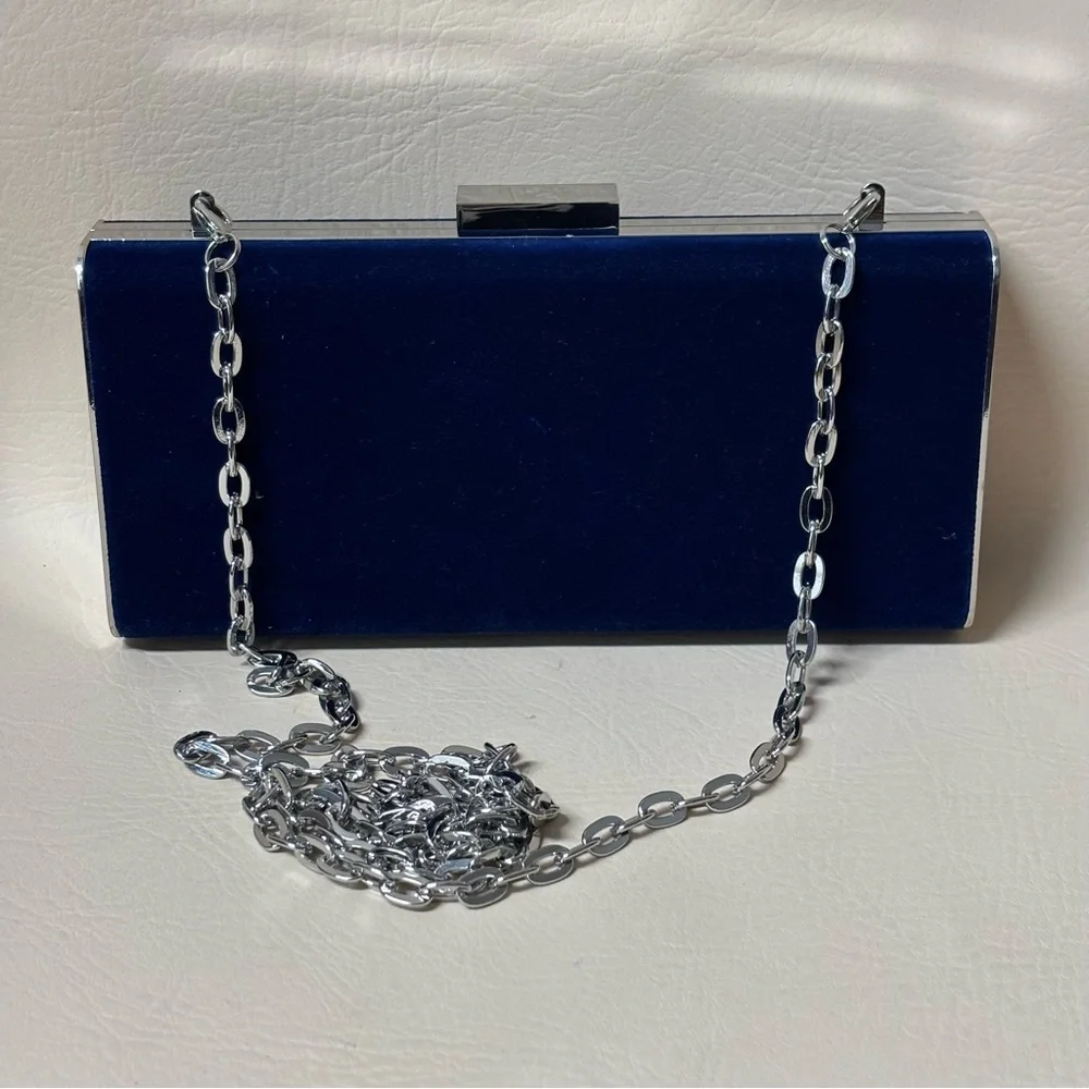 White House Black Market Royal Blue Velvet Clutch with Glass Crystal Flowers - Picture 5 of 7
